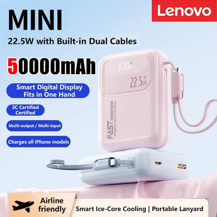 Lenovo Mini Power Bank 50000mAh With Built-in 22.5W Super Fast Charging Portable Power Bank Screen Displaying Battery Level