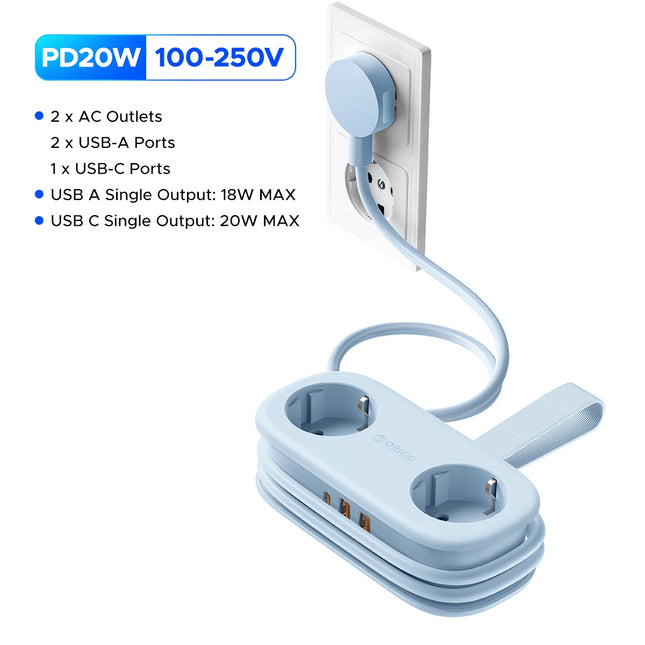 ORICO AP3 EU Plug 20W PD Power Strip 2AC Outlets 2USB 1Type-C 1.53M Electrical Extension Cord Fast Charging for Home/Travle