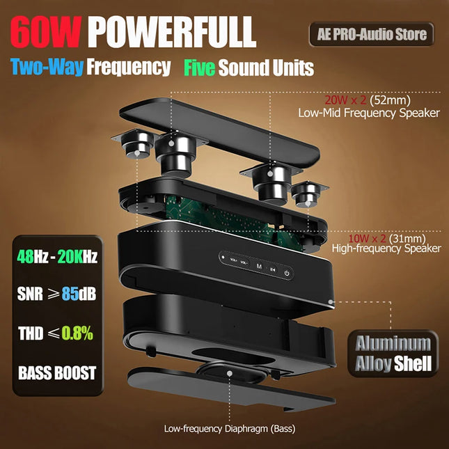 Two-way Speaker 60W Wireless Bluetooth Speaker Aluminum Alloy Portable Subwoofer 2-Channel Audio EQ Stereo Sound Desktop Speaker