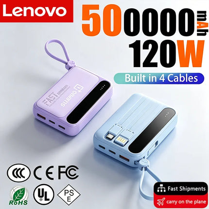 Lenovo Large Capacity 500000mAh Portable Power Bank Built In 4 Cables Fast Charging Battery For All Phones