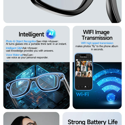 LIGE AI Smart Glasses 8MP HD Camera Video Bluetooth Call Intelligent Translation 270mAh Battery Voice Assistant Music Sunglasses
