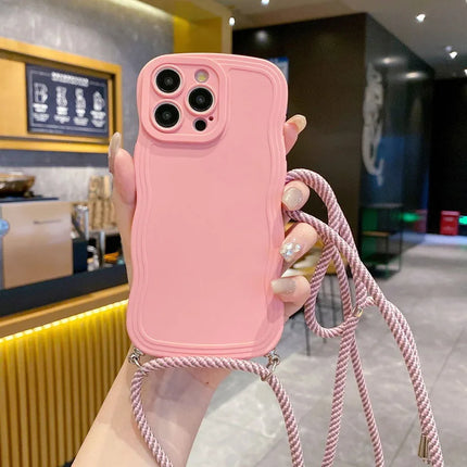 Fashion With Lanyard Wave Edge Phone Cases For IPhone 16 15 14 Pro Max 13 12 11 Soft Back Cover Shockproof Anti-Drop Phone Case