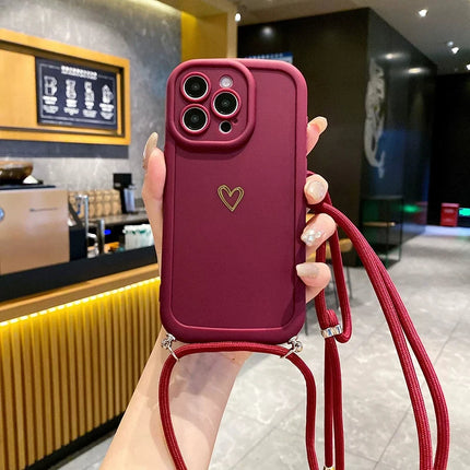 With Lanyard Love Phone Cases for IPhone 17 16 15 14 13 12 11 Pro Max Crossbody Silicone Back Cover