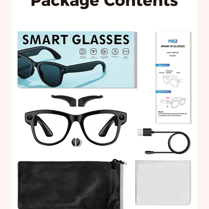 2026 AI Smart Glasses M02 Ultra 1080P HD Camera ChatGPT 3600mAh Charging Case Power Bank 32GB Translation Music Video Sunglasse