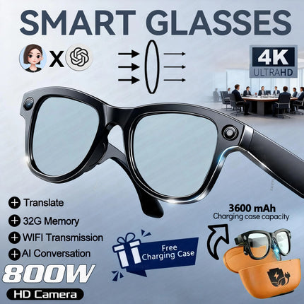 2026 New 3600mAh Battery AI Glasses Men 800W 4k Camera 32G Memory Photos&Video 160+Translation ChatGPT Music Smart Glasses Women