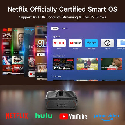 Netflix Certified 4K Smart Projector Native 1080P Dolby Audio WiFi6 Bluetooth Auto Focus Auto Keystone HDR Home Theater HDMI