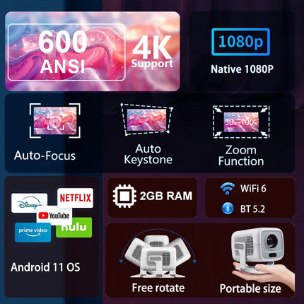 Huaweishi 4K Projector Android Native Portable 1080P 600ANSI Auto Focus Video Home Cinema Outdoor HD LED Projector
