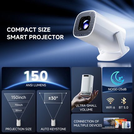 P30PRO Smart Projector Android 14 WiFi6 Bluetooth5 Native 720P 4K Video Decoding Wireless Screen Mirroring Portable Home Cinema