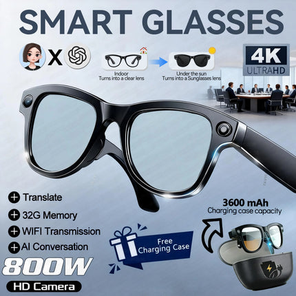 2026 New 3600mAh Battery AI Glasses Men 800W 4k Camera 32G Memory Photos&Video 160+Translation ChatGPT Music Smart Glasses Women