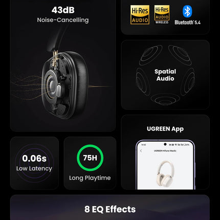 Choice Wireless Bluetooth Headphones 43dB Hybrid Active Noise Cancellation Hi-Res LDAC 75H Spatial Audio Headset Earphones
