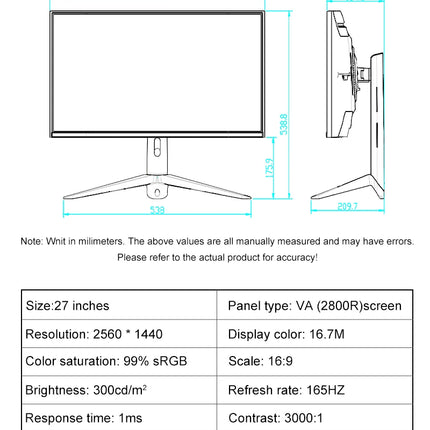 27-Inch Curved Gaming Monitor - 2K 165Hz QHD E-sports Display, VA Panel, High-Definition Computer Screen for Office & Gaming