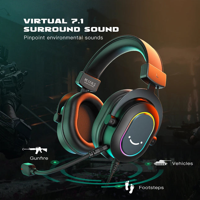 Fifine Dynamic RGB Gaming Headset with Mic Over-Ear Headphones 7.1 Surround Sound PC PS4 PS5 3 EQ Options Game Movie Music - H6
