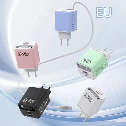 65W 3 In 1 Charger With Built-in Retractable Cable Fast Charging PD Charger With USB C Cable For IPhone