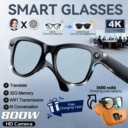 2026 New 3600mAh Battery AI Glasses Men 800W 4k Camera 32G Memory Photos&Video 160+Translation ChatGPT Music Smart Glasses Women