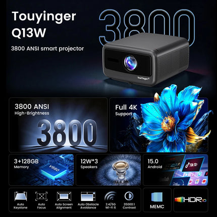 Touyinger Q13W 3800ANSI 4K Projector Android 15 3G+128G Sealed Optics 2.1CH Smart Home Theater WiFi Bluetooth Beamer