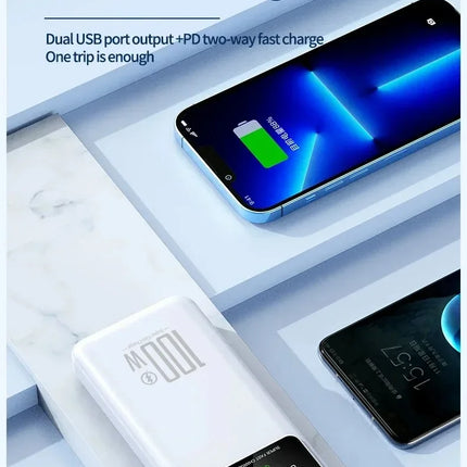20000mAh Digital Display Power Bank 100W High Speed Fast Charger With LED Light Portable External Battery For All Smart Phones