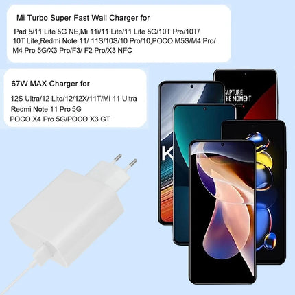 6A 67W Fast Wall Charger For Xiaomi 10 11 12 Lite 13 14 15 Redmi Note 11T 12T 13 Pro POCO Turbo Charge Type-C USB Charging Cable