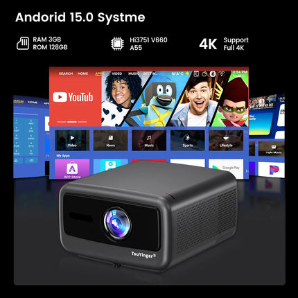 Touyinger Q13W 3800ANSI 4K Projector Android 15 3G+128G Sealed Optics 2.1CH Smart Home Theater WiFi Bluetooth Beamer