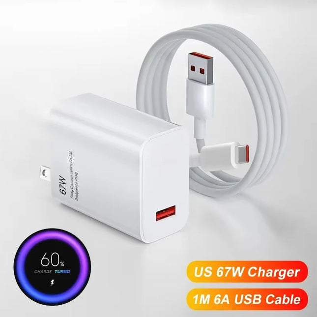 6A 67W Fast Wall Charger For Xiaomi 10 11 12 Lite 13 14 15 Redmi Note 11T 12T 13 Pro POCO Turbo Charge Type-C USB Charging Cable