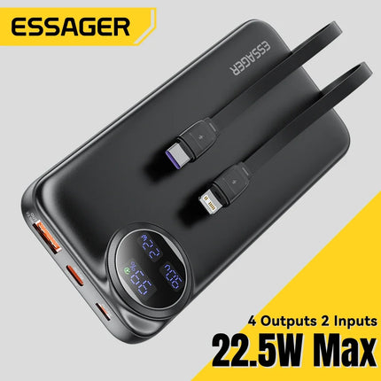Essager Power Bank 20000mAh Portable Charger with Built-in Cable Digital Display Battery Capacity 22.5W For iPhone 15 14 13 Pro