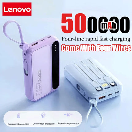 Lenovo 120W 500000mAh Power Bank Large Capacity 4 In1 Cables Intelligent Digital Display Light Portable Powerbank For iPhone New
