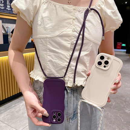 Fashion With Lanyard Wave Edge Phone Cases For IPhone 16 15 14 Pro Max 13 12 11 Soft Back Cover Shockproof Anti-Drop Phone Case