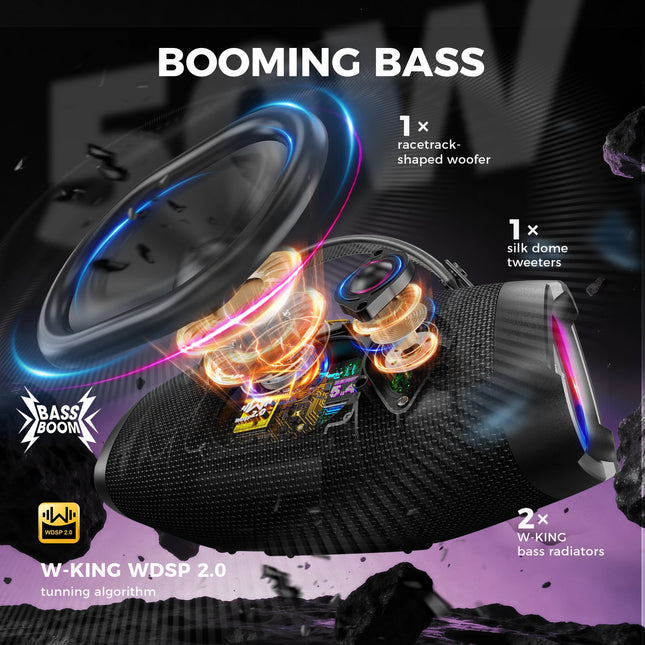 W-KING Portable Bluetooth Speaker, 40W Powerful Bass, IPX7 Waterproof, Wireless Outdoor Shower Speaker With RGB Light TWS Stereo