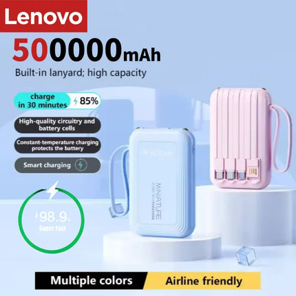 Lenovo 500000mAh Mini Power Bank Super Fast Charging LED Digital Display 4 In 1 Built In Cables Power Bank For IPhone Android