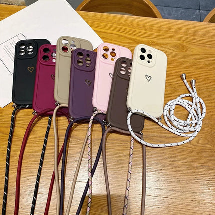 With Lanyard Love Phone Cases for IPhone 17 16 15 14 13 12 11 Pro Max Crossbody Silicone Back Cover