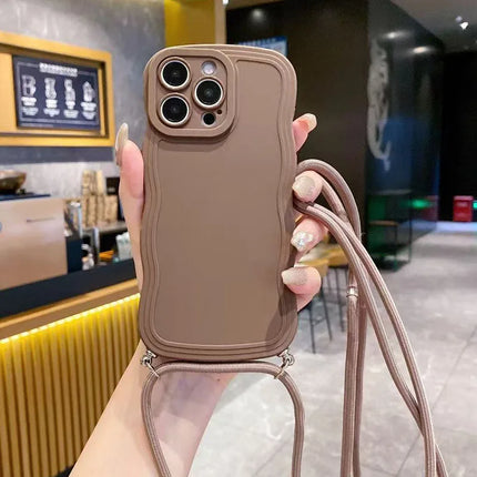 Fashion With Lanyard Wave Edge Phone Cases For IPhone 16 15 14 Pro Max 13 12 11 Soft Back Cover Shockproof Anti-Drop Phone Case