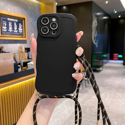 Fashion With Lanyard Wave Edge Phone Cases For IPhone 16 15 14 Pro Max 13 12 11 Soft Back Cover Shockproof Anti-Drop Phone Case