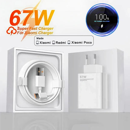 6A 67W Fast Wall Charger For Xiaomi 10 11 12 Lite 13 14 15 Redmi Note 11T 12T 13 Pro POCO Turbo Charge Type-C USB Charging Cable