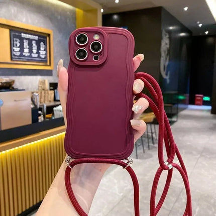 Fashion With Lanyard Wave Edge Phone Cases For IPhone 16 15 14 Pro Max 13 12 11 Soft Back Cover Shockproof Anti-Drop Phone Case