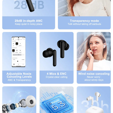 QCY T13 ANC Active Noise Cancelling Wireless Earbuds Bluetooth 5.3 Headphones 4 Mics ENC Clear Calls Earphones 30H Playtime IPX5