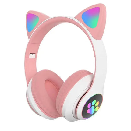 Cute Cat Ear Bluetooth Compatible Headset with LED Wireless Headset Children Girls Stereo Folding Sports Headset with Microphone