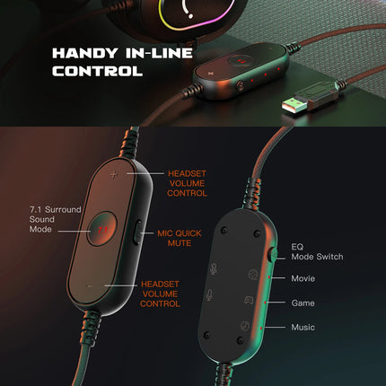 Fifine Dynamic RGB Gaming Headset with Mic Over-Ear Headphones 7.1 Surround Sound PC PS4 PS5 3 EQ Options Game Movie Music - H6