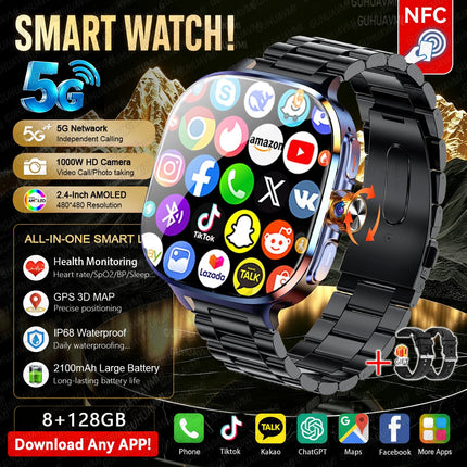 New Smartwatch 2.4“ AMOLED Screen Game 4G/5G LTE Smartwatch 2100mAh Battery Camera Video Call 128GB SIM Card(For Adult, Student)