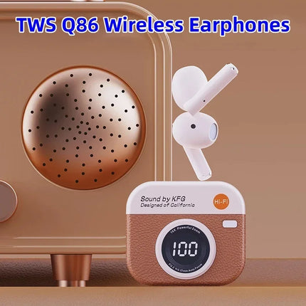 Q86wireless earphones semi in ear retro camera design power display  music earphones ultra long battery life sports earphones