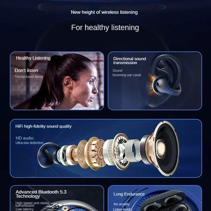 TWS Bluetooth Headset 5.3 Wireless Air Conduction Headphones Clip Ear Music Noise Canceling HD Call Sports Gaming Earphone