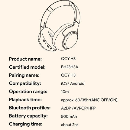 QCY H3 ANC Hi-Res Audio Wireless Bluetooth 5.4 Headphones Over Ear Headset 60Hrs 43dB Hybrid Active Noise Cancellation Earphone