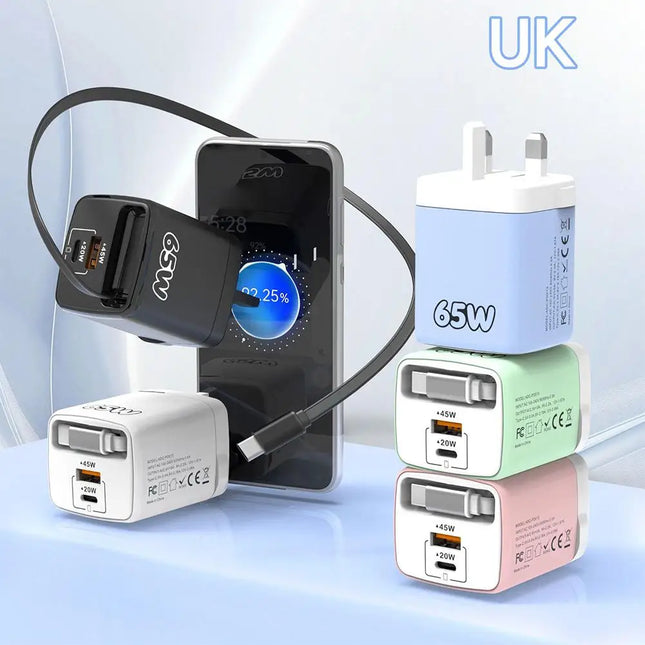 65W 3 In 1 Charger With Built-in Retractable Cable Fast Charging PD Charger With USB C Cable For IPhone