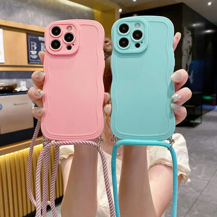 Fashion With Lanyard Wave Edge Phone Cases For IPhone 16 15 14 Pro Max 13 12 11 Soft Back Cover Shockproof Anti-Drop Phone Case