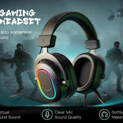 Fifine Dynamic RGB Gaming Headset with Mic Over-Ear Headphones 7.1 Surround Sound PC PS4 PS5 3 EQ Options Game Movie Music - H6