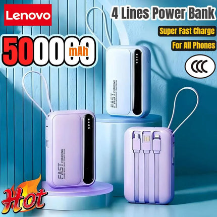 Lenovo 120W 500000mAh Power Bank Large Capacity 4 In1 Cables Intelligent Digital Display Light Portable Powerbank For iPhone New