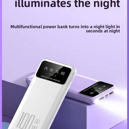 20000mAh Digital Display Power Bank 100W High Speed Fast Charger With LED Light Portable External Battery For All Smart Phones