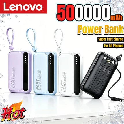 Lenovo 500000mAh Power Bank BuiIt in 4 Lines Super Fast Charging Large Capacity Portable External Battery for All Phones 2026