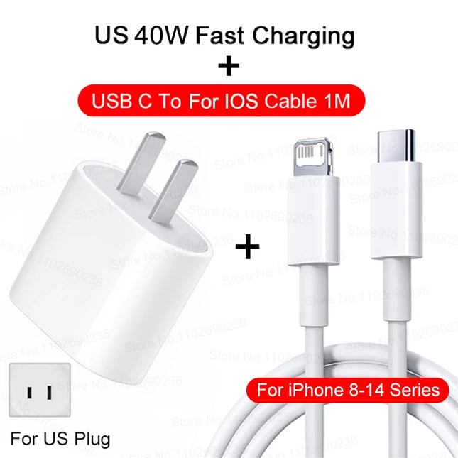 For iPhone 40W PD Phone Charger For iPhone 11 12 13 14 15 16 17 Pro Max 16 Plus 17 Air iPad Fast Charging Type C Cable Charger