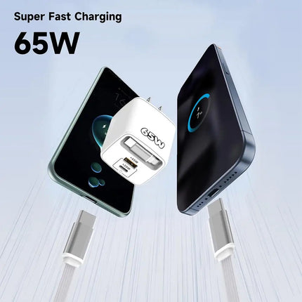 65W 3 In 1 Charger With Built-in Retractable Cable Fast Charging PD Charger With USB C Cable For IPhone