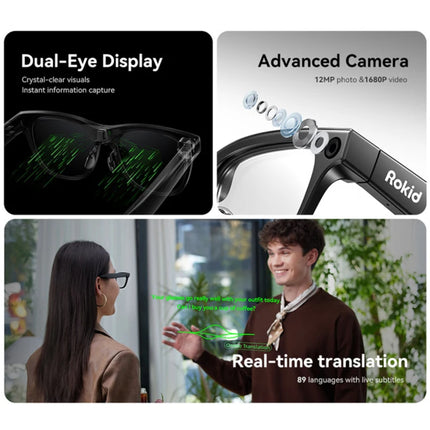 Rokid Glasses Smart AI Glasses Dual-eye Display 12MP Camera 89 Languages Live Translation Hi-Fi Open-ear Audio