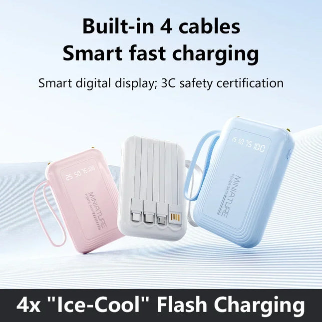 Lenovo 500000mAh Mini Power Bank Super Fast Charging LED Digital Display 4 In 1 Built In Cables Power Bank For IPhone Android
